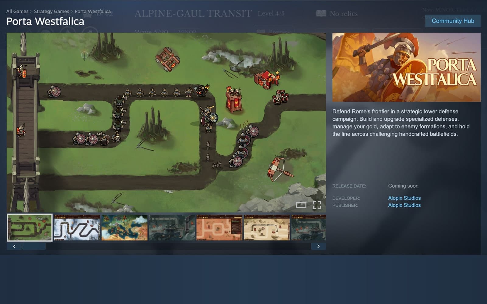 Страницата на Porta Westfalica в Steam: кадри от играта, кратко описание и бележката „Coming soon“
