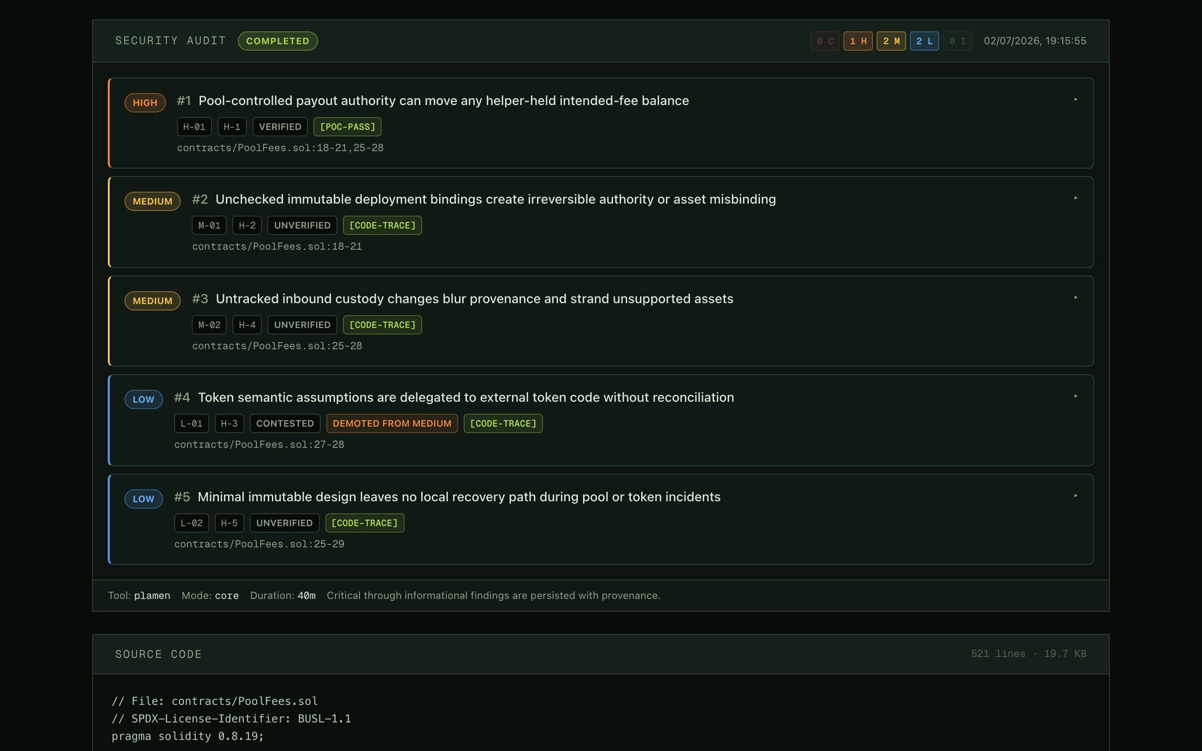 The PoolFees audit on Base: five findings with status and tag — VERIFIED with POC-PASS, UNVERIFIED with CODE-TRACE, CONTESTED and demoted from Medium
