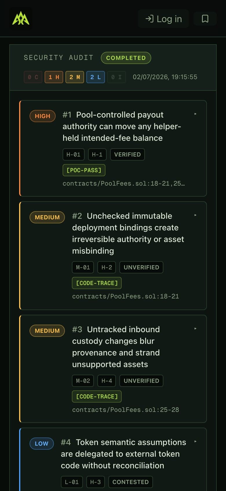 A case file’s findings list on a phone, with the evidence tags