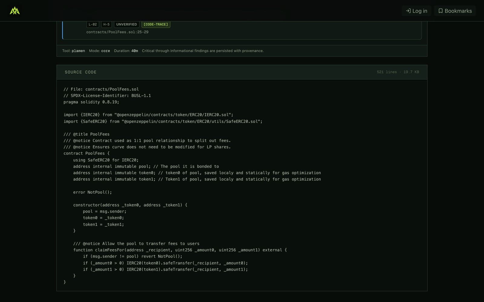 A contract’s verified source in the source viewer