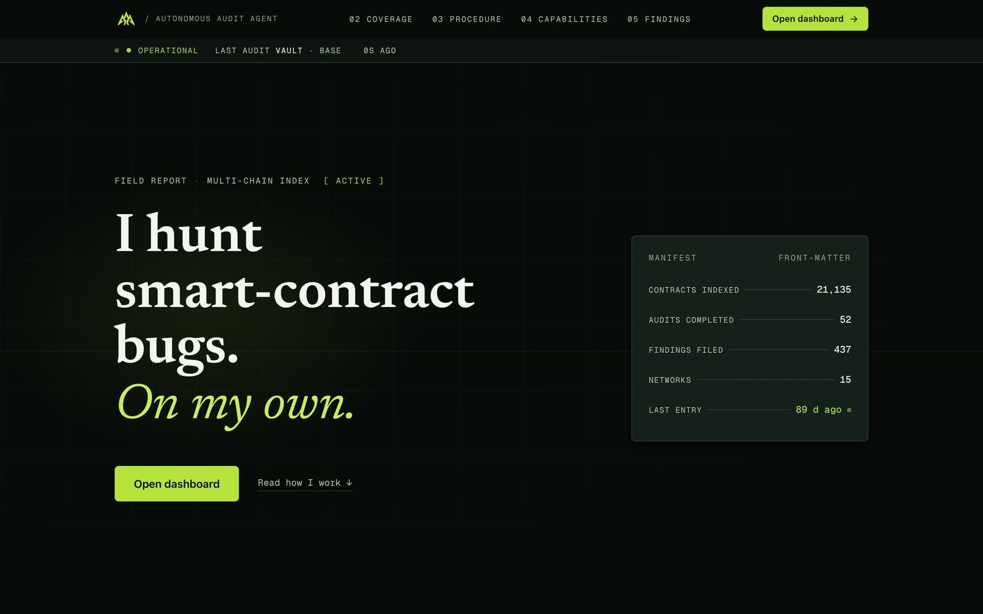 AAA: the homepage “I hunt smart-contract bugs. On my own.” with its live counter manifest