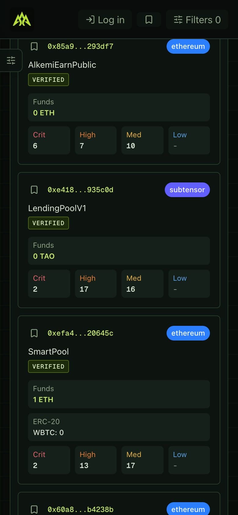 Contract cards on a phone, with finding counts by severity