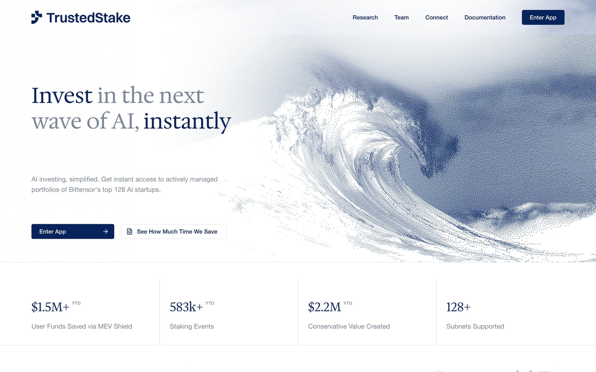 TrustedStake: homepage with a stipple-engraved wave illustration