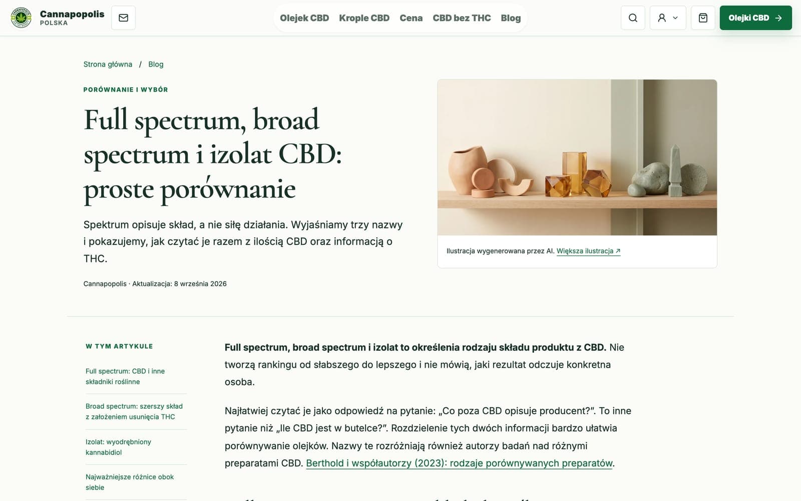 Полска статия, сравняваща full spectrum, broad spectrum и изолат, със съдържание и цитирано изследване