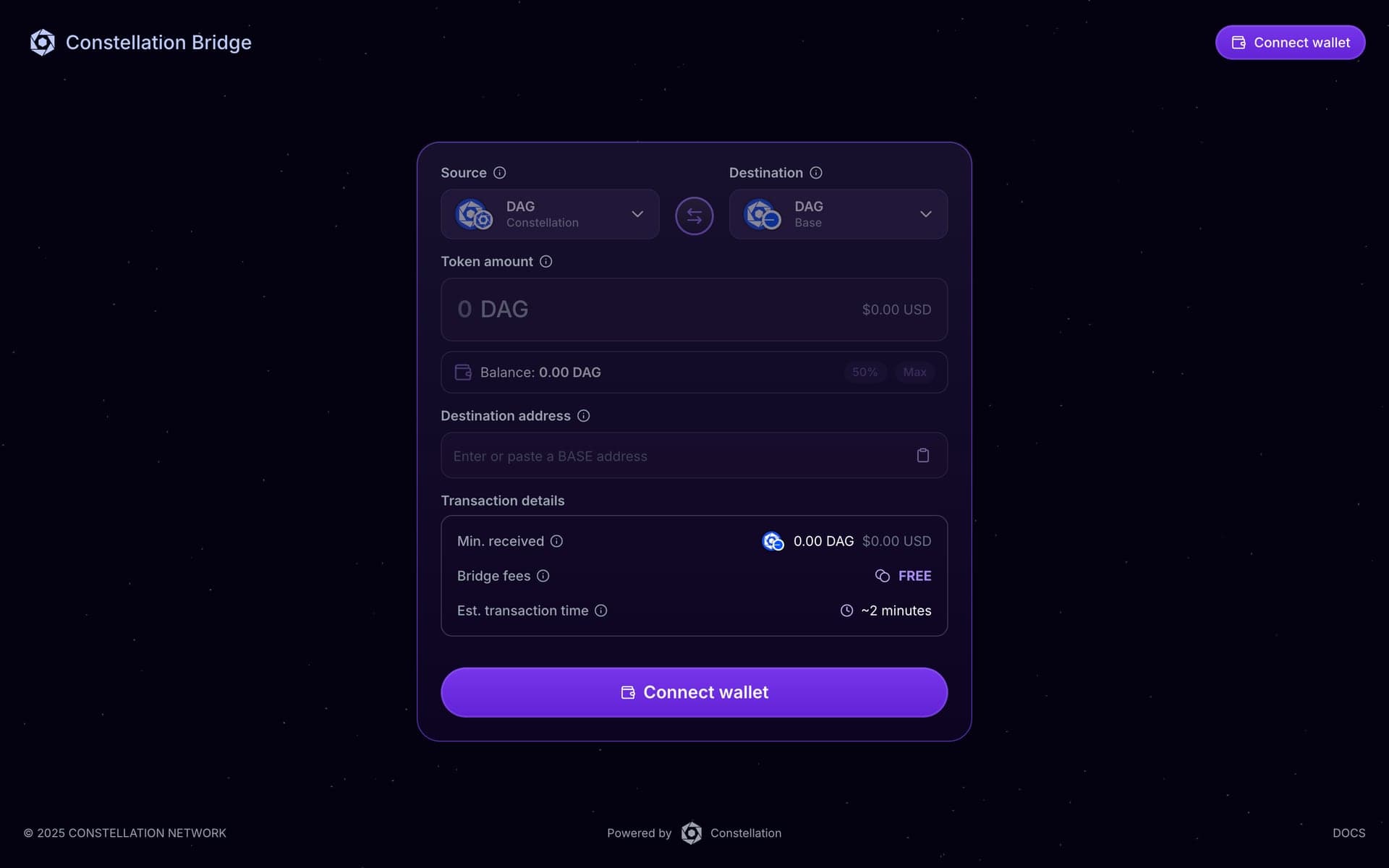 Constellation DAG Bridge: cross-chain transfer form