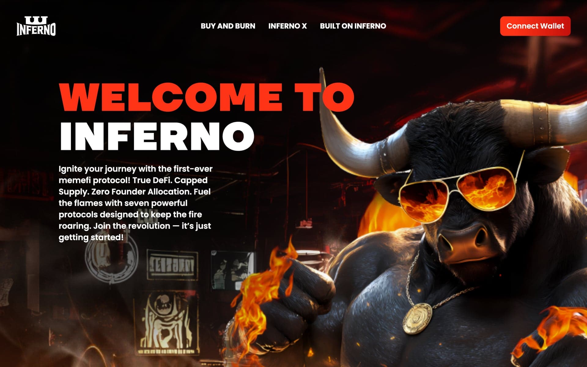 Inferno: homepage with mascot and fire visuals