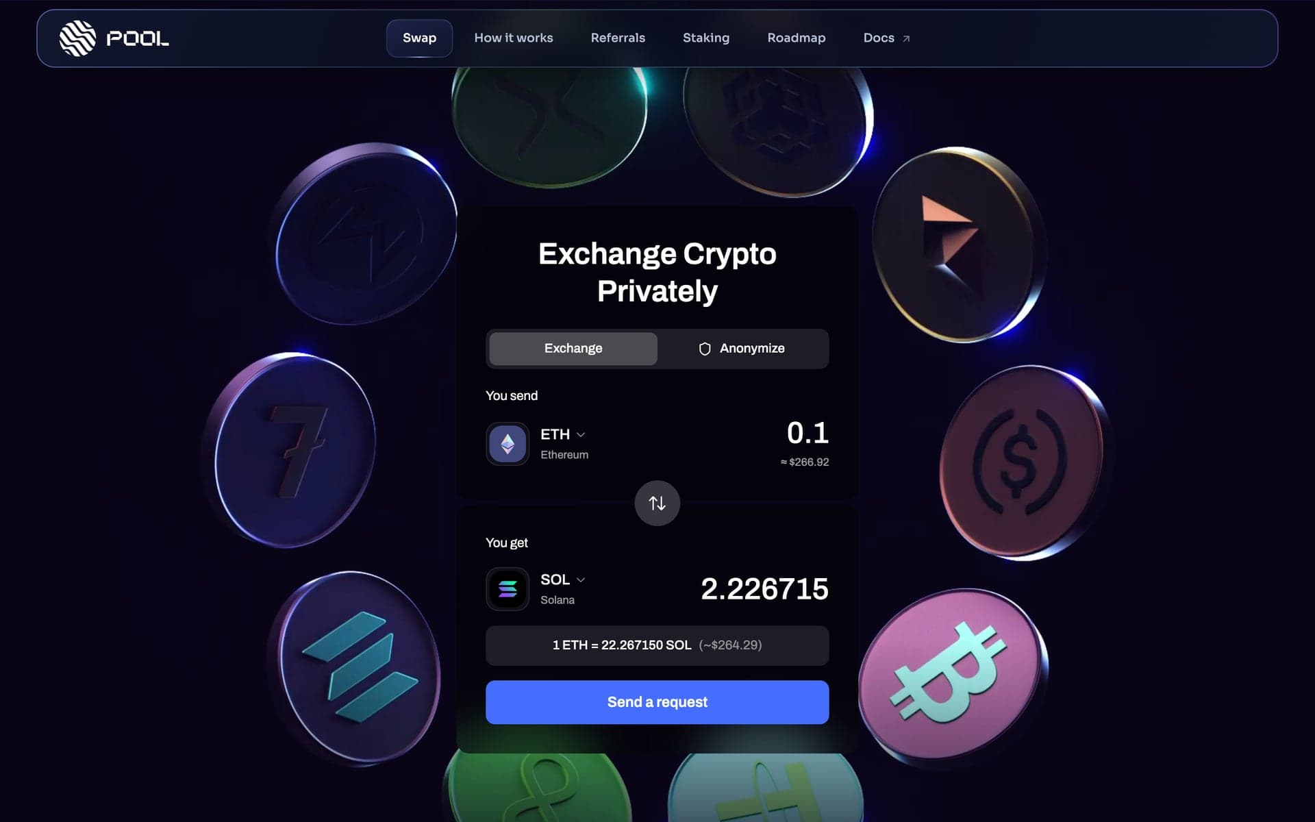 PoolSwap: картата „Exchange Crypto Privately“ в пръстен от стъклени 3D монети