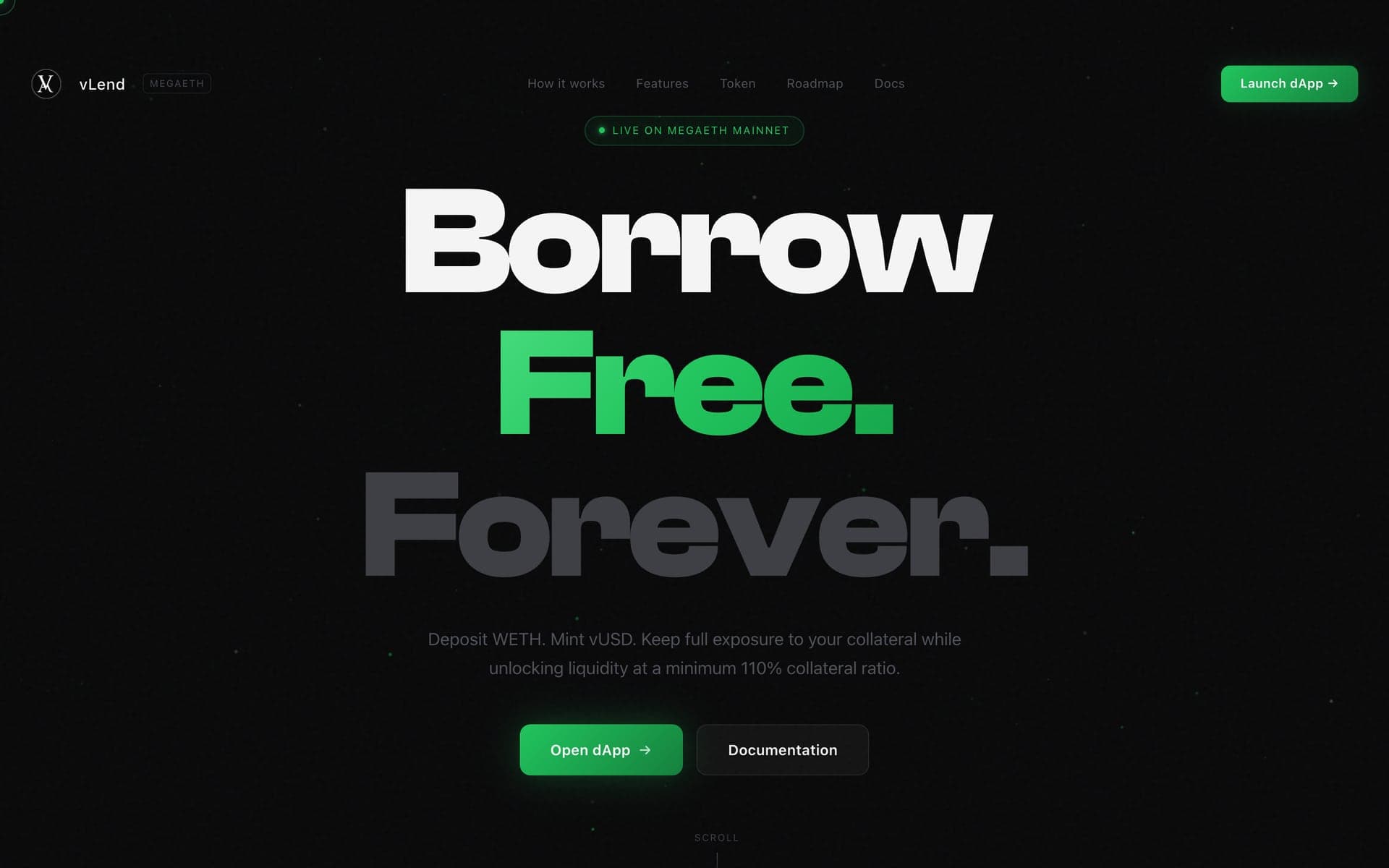 vLend: homepage with the monumental headline “Borrow Free. Forever.”